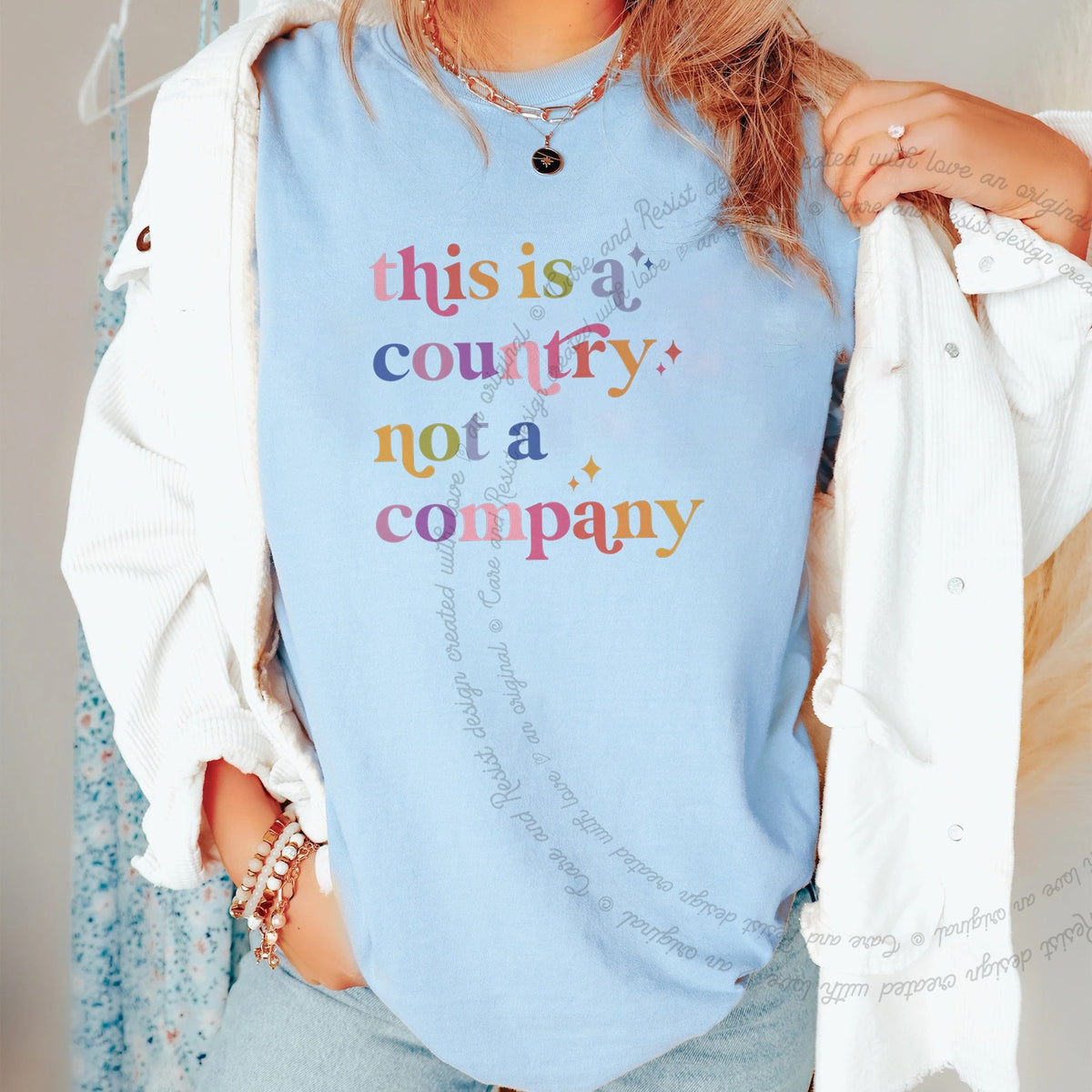 This Is a Country Not a Company Care & Resist progressive t-shirt in Chambray