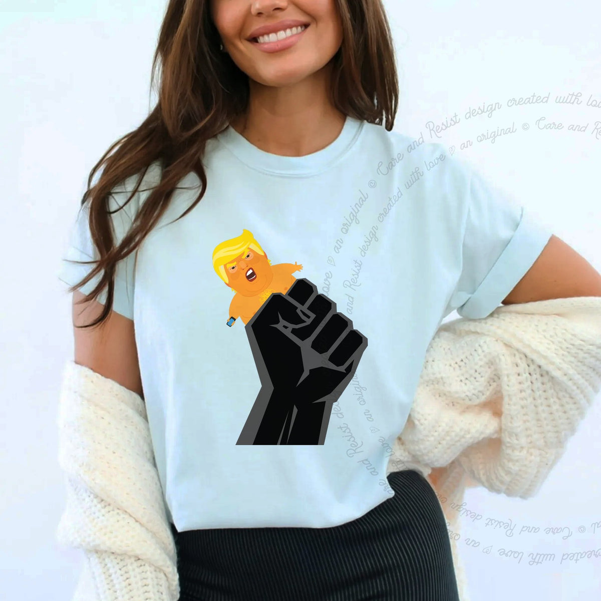 Resist Fist and Trump Blimp Care & Resist progressive t-shirt in Chambray