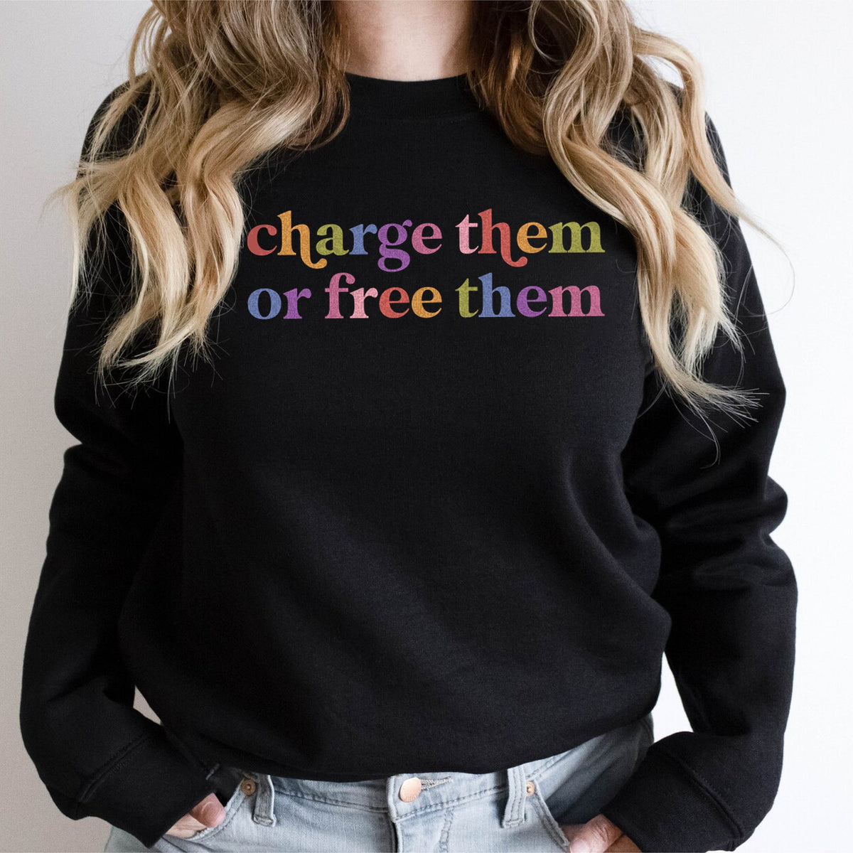 Charge Them or Free Them Care & Resist Gildan crewneck sweatshirt in Black