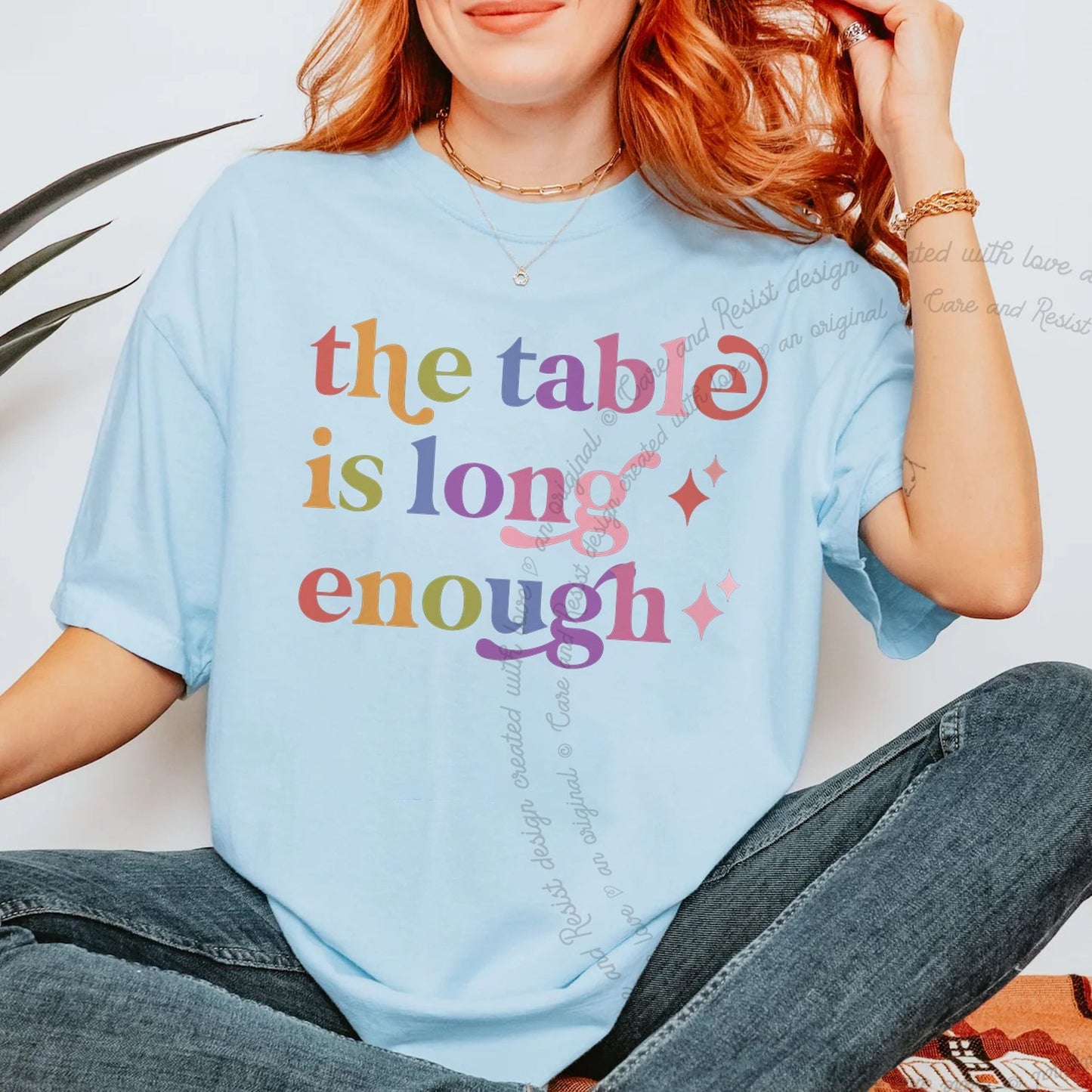 The Table is Long Enough Care & Resist rainbow Comfort Colors tee, Chambray