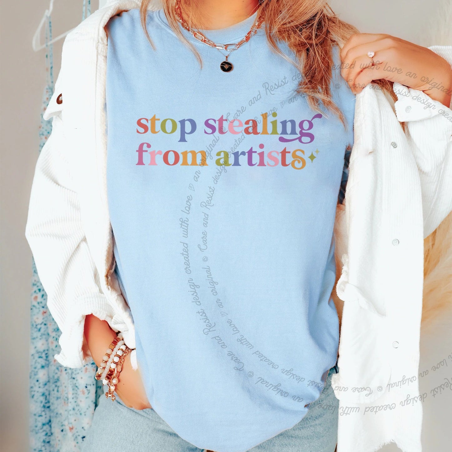 Stop Stealing From Artists Care & Resist rainbow Comfort Colors tee, Chambray