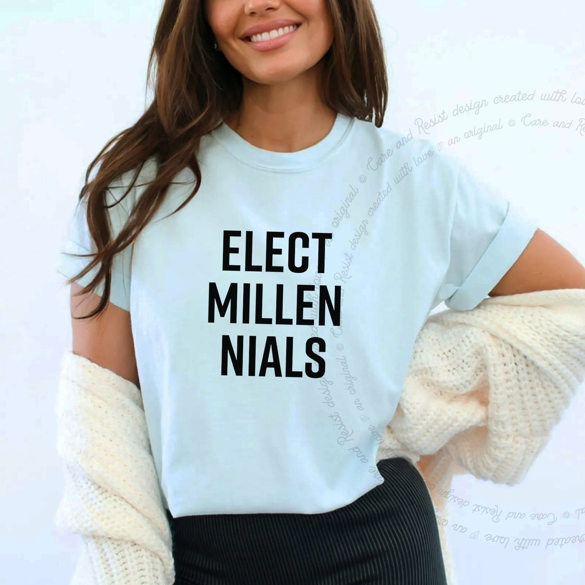 Elect Millennials Care & Resist progressive t-shirt in Chambray