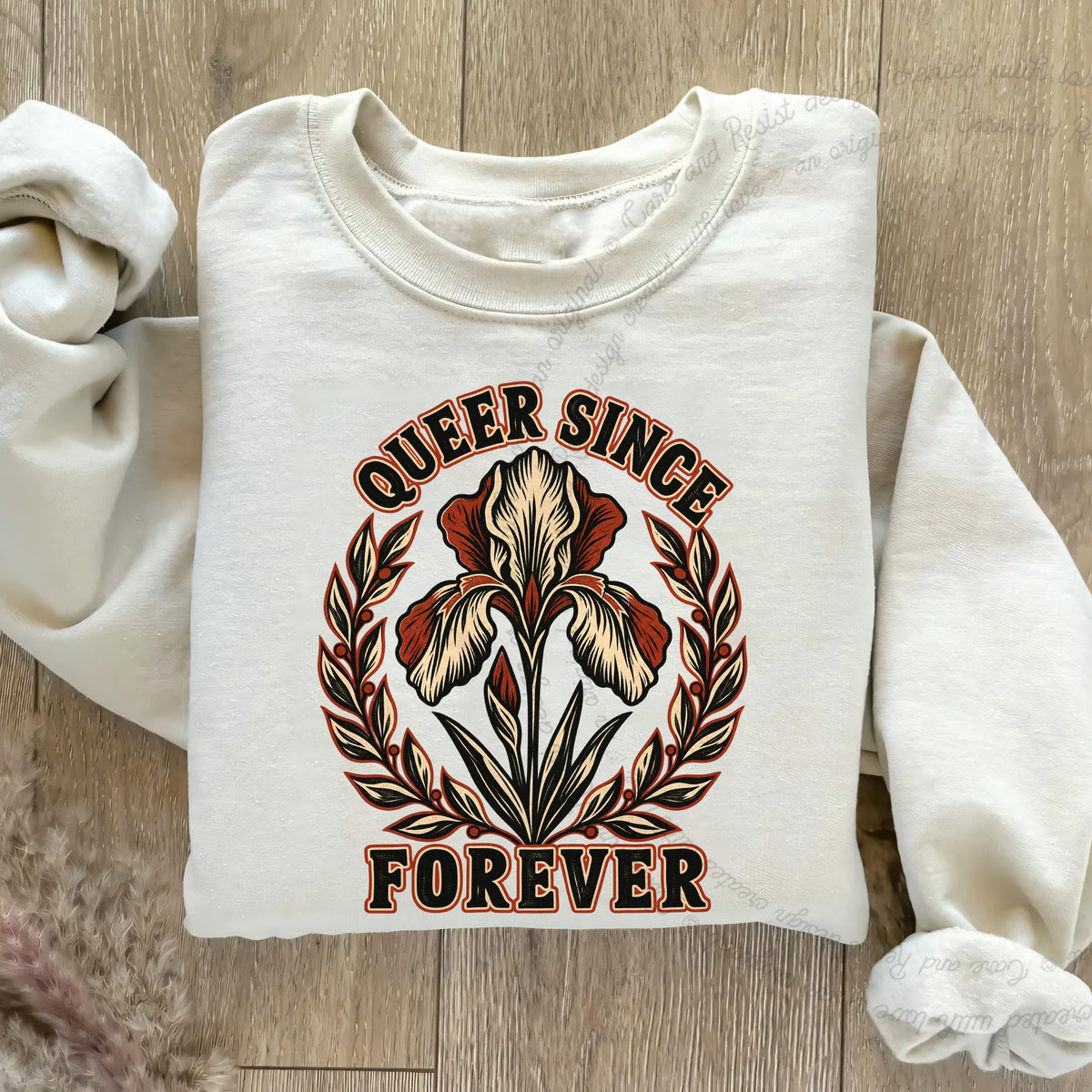 Queer Since Forever Iris Linocut Care & Resist Gildan crewneck sweatshirt in Sand