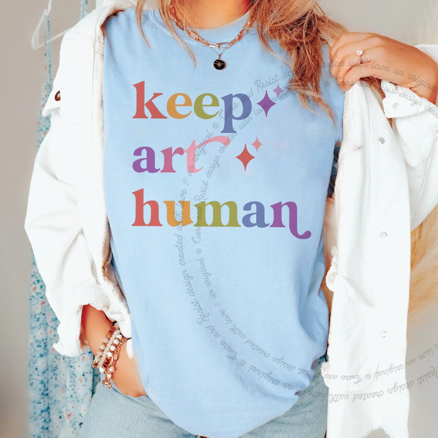 Keep Art Human Care & Resist rainbow Comfort Colors tee, Chambray