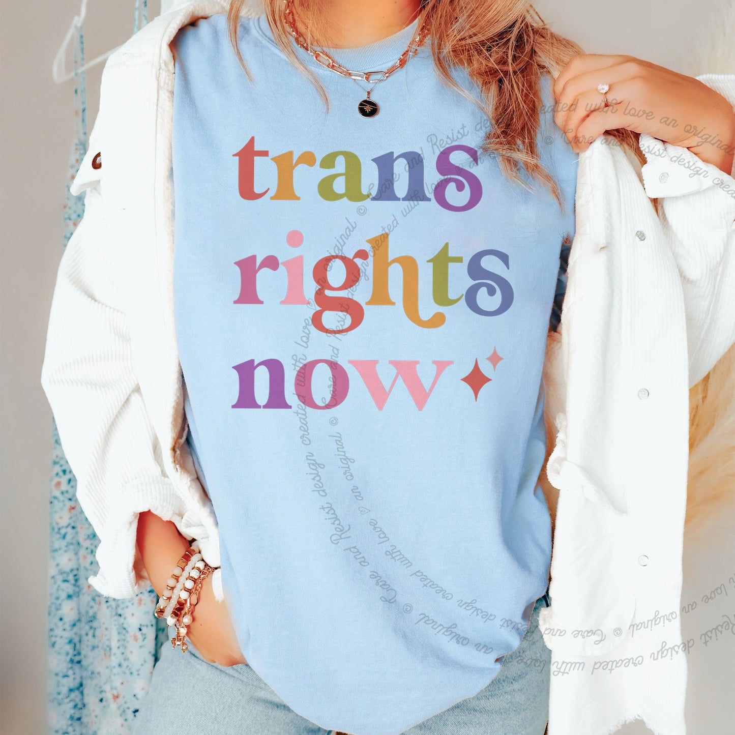 Trans Rights Now Care & Resist rainbow Comfort Colors tee, Chambray