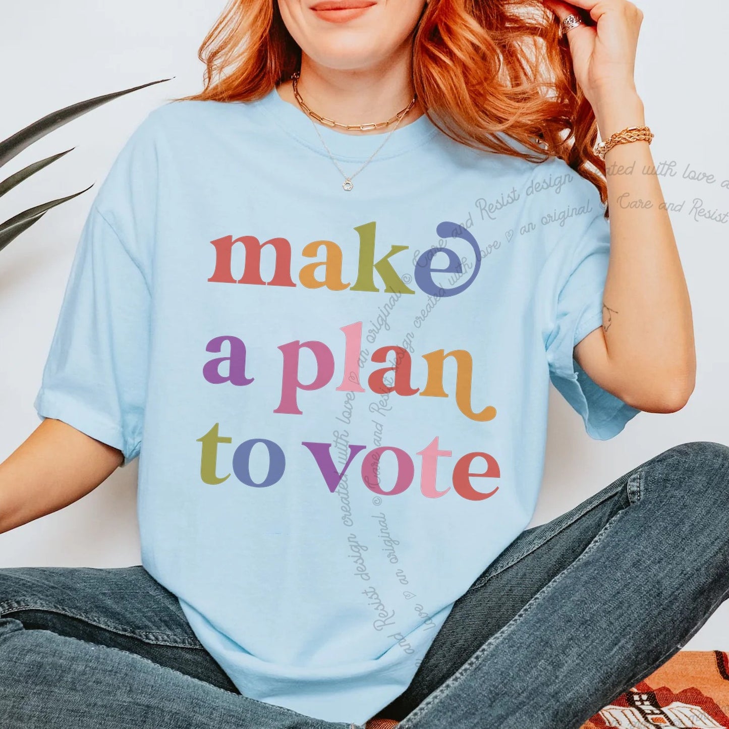 Make a Plan to Vote Care & Resist rainbow Comfort Colors tee, Chambray