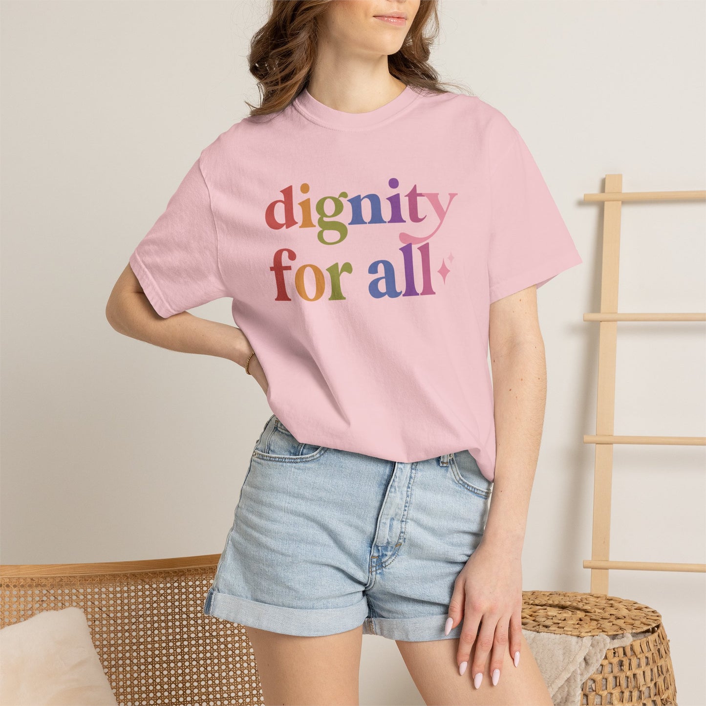 Dignity for All Care & Resist rainbow Comfort Colors tee