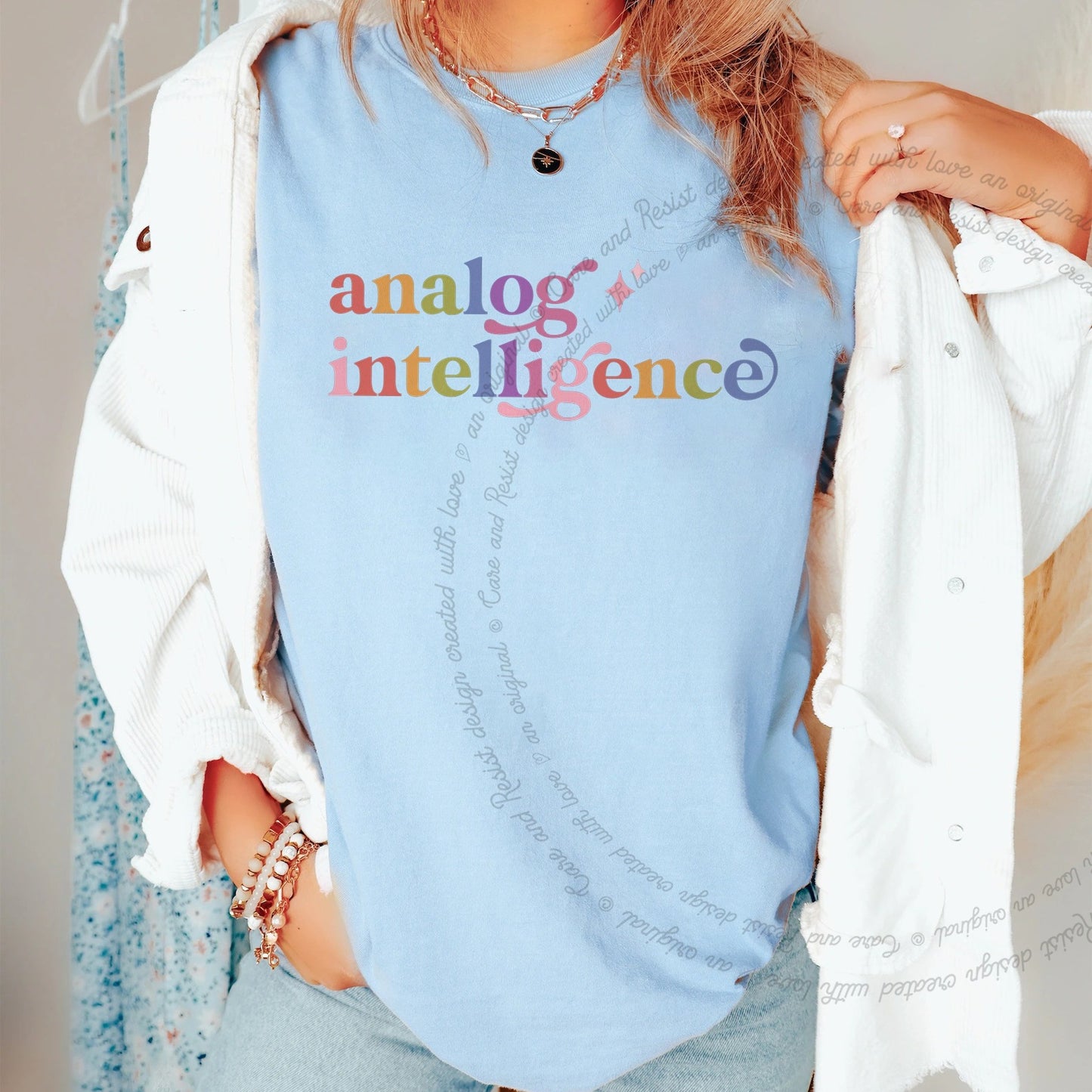 Analog Intelligence Care & Resist rainbow Comfort Colors tee, Chambray