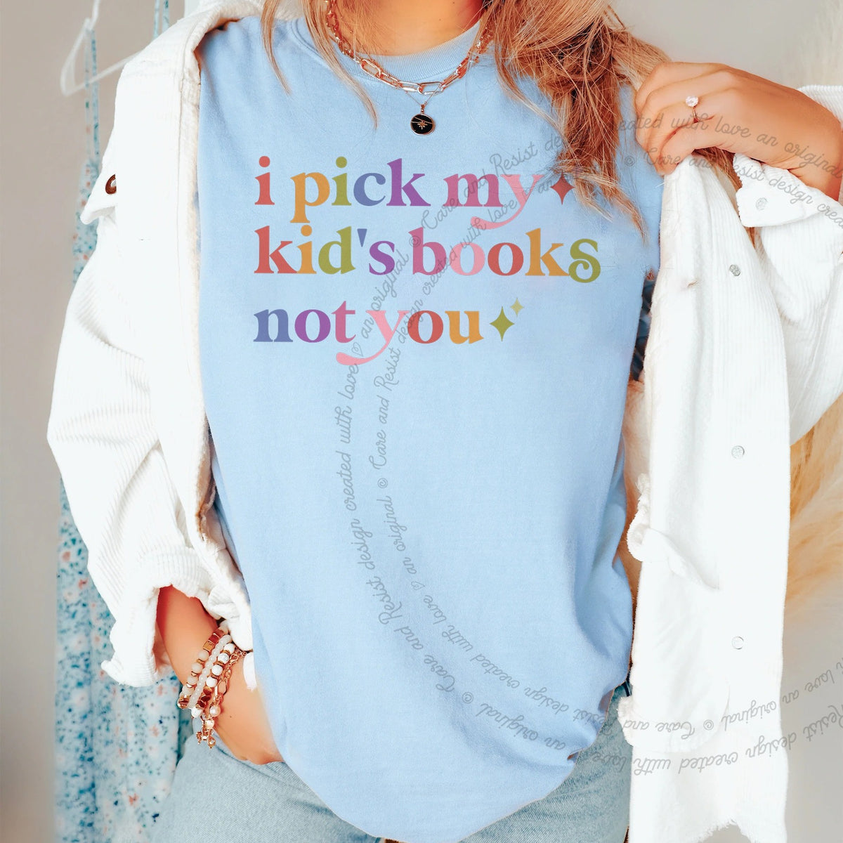 I Pick My Kid's Books not You Care & Resist tee in Chambray
