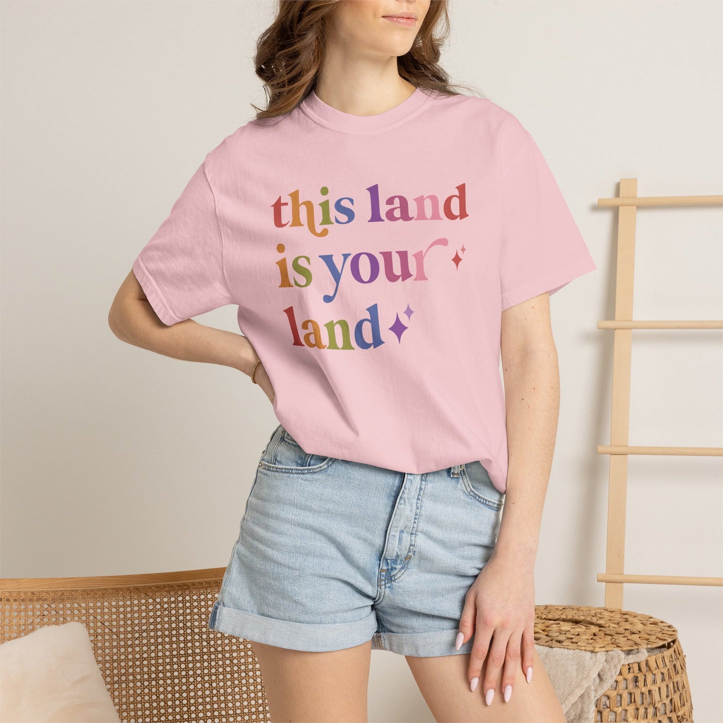 This Land is Your Land Care & Resist rainbow Comfort Colors tee