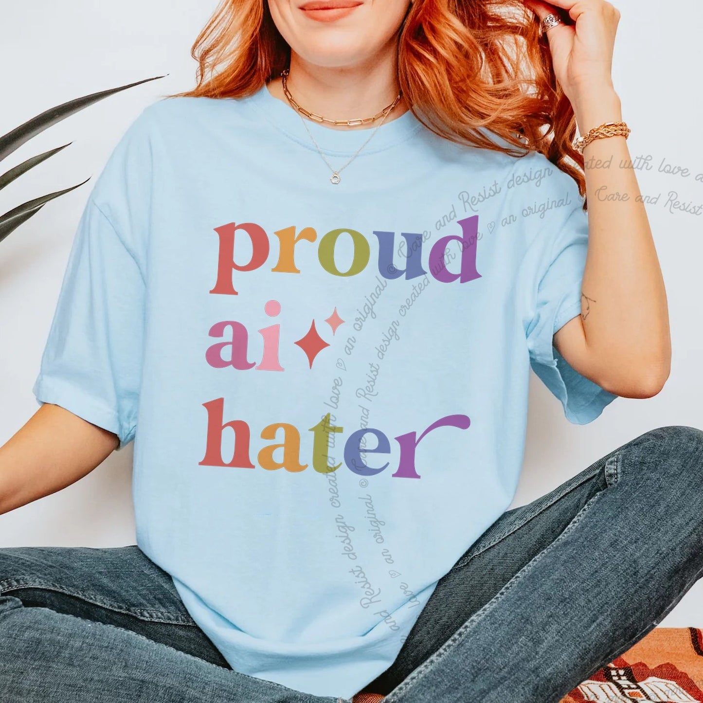Proud Ai Hater Care & Resist rainbow Comfort Colors tee, Chambray
