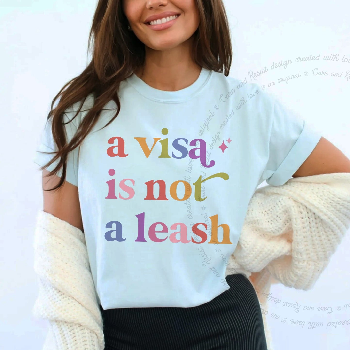 A Visa is not a Leash Care & Resist rainbow Comfort Colors tee, Chambray
