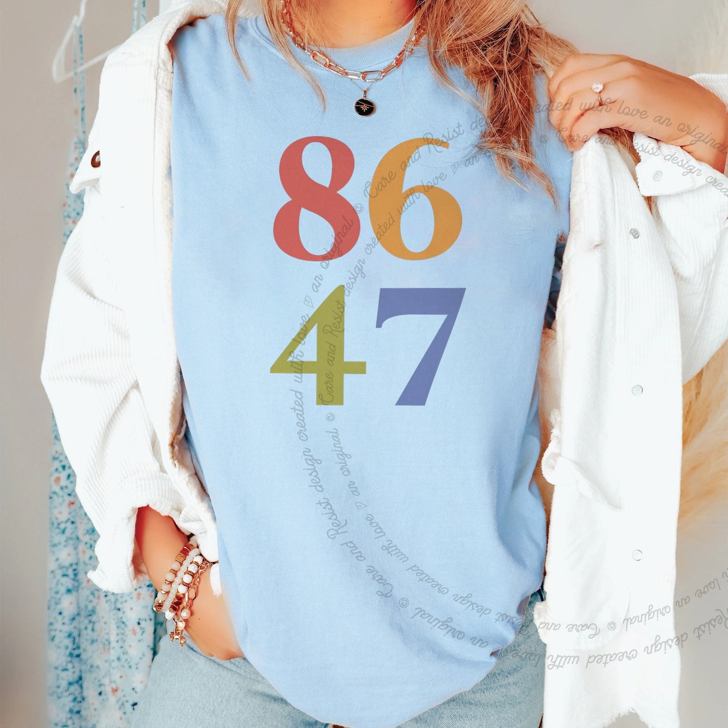 86 47 Care & Resist rainbow Comfort Colors tee, Chambray