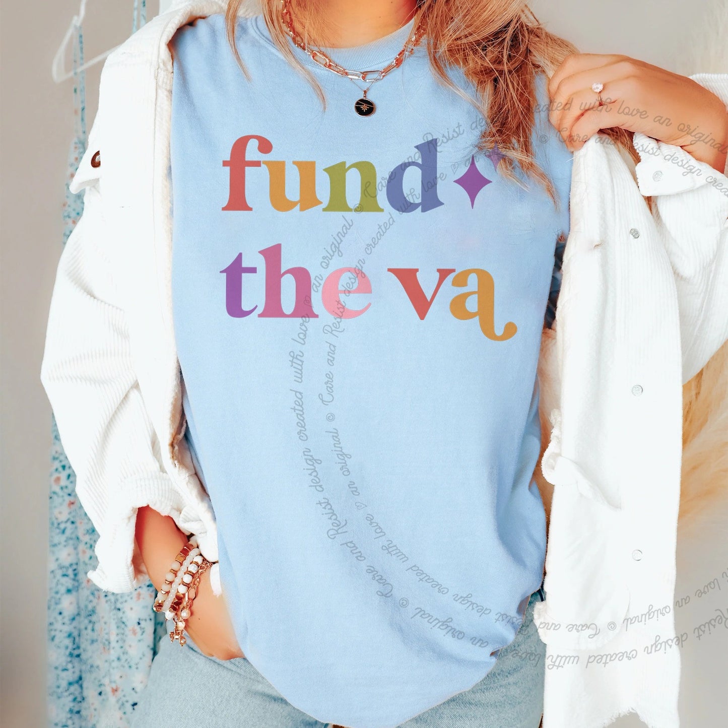 Fund the Va Care & Resist rainbow Comfort Colors tee, Chambray