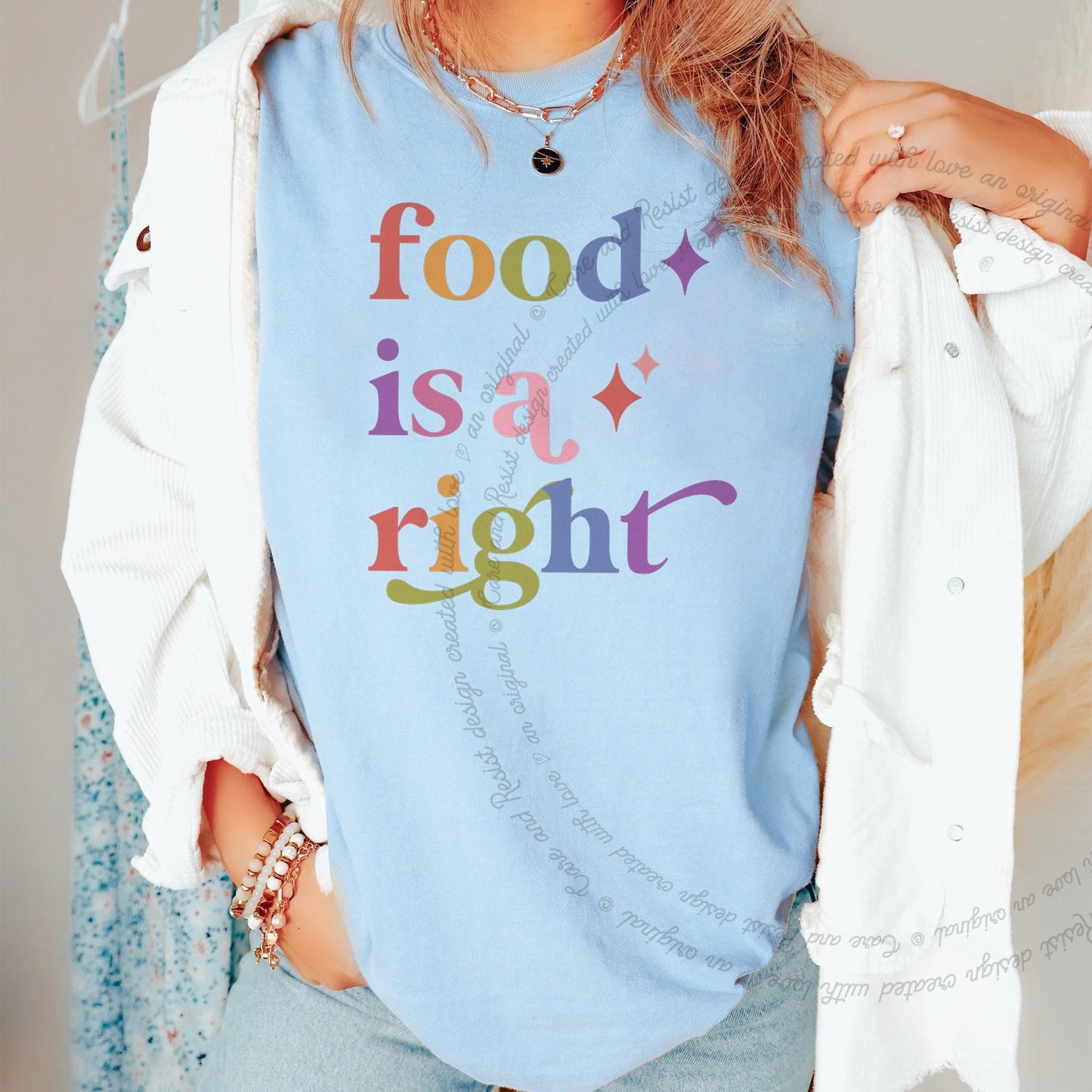 Food is a Right Care & Resist rainbow Comfort Colors tee, Chambray