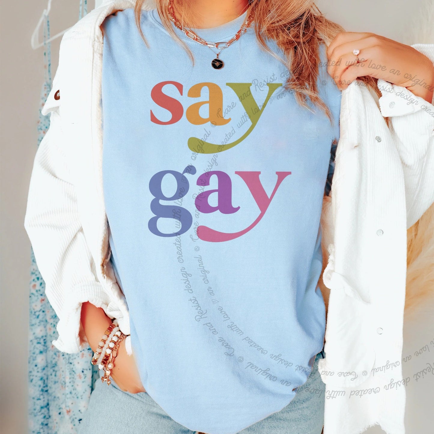 Say Gay Care & Resist rainbow Comfort Colors tee, Chambray