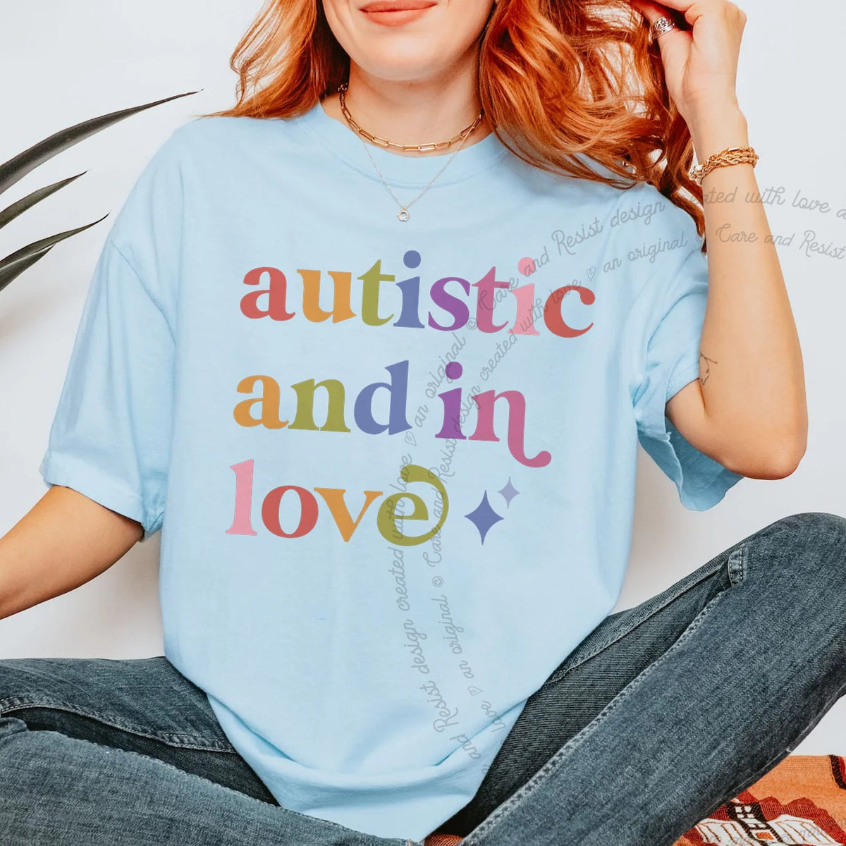 Autistic and in Love Care & Resist progressive t-shirt in Chambray