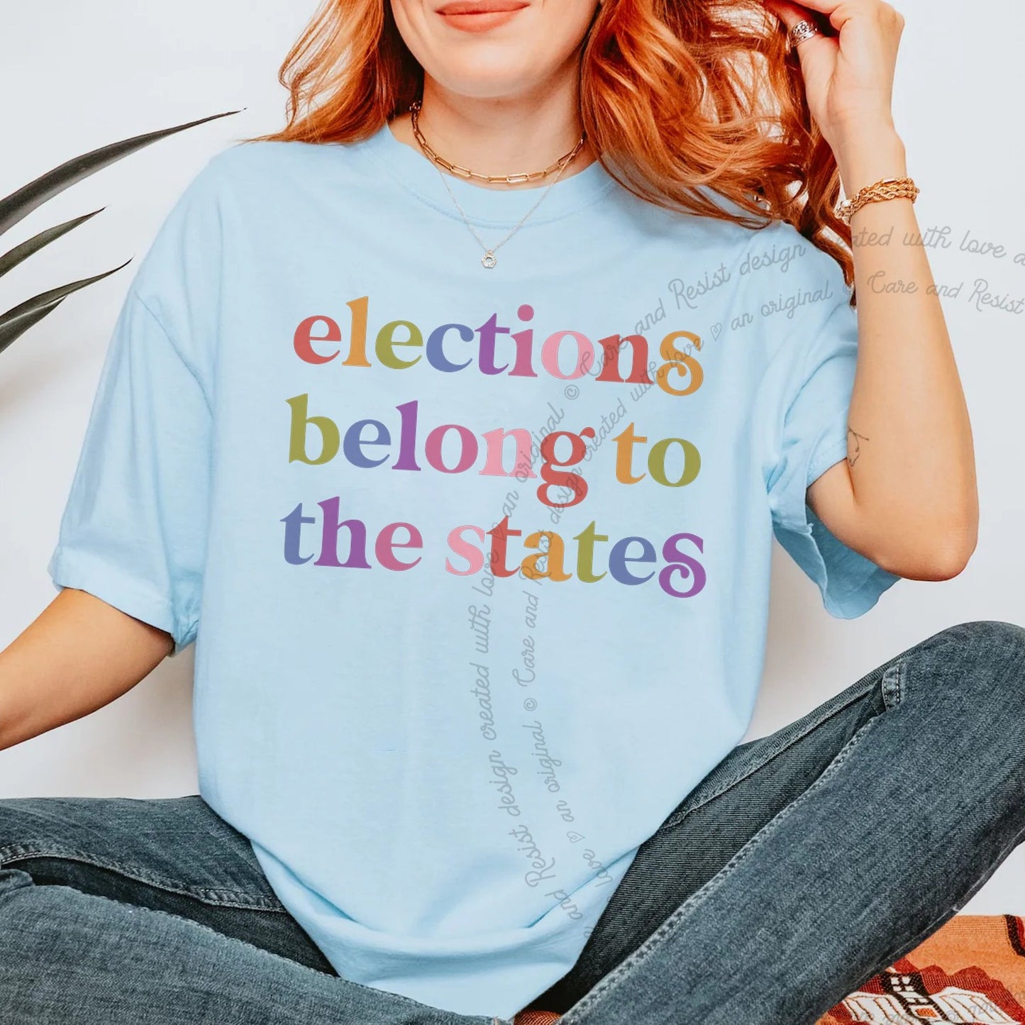 Elections Belong to the States Care & Resist rainbow Comfort Colors tee, Chambray