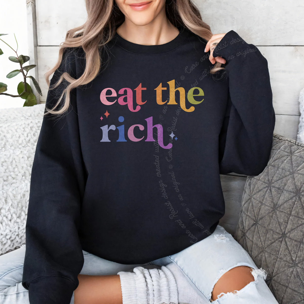 Eat the Rich Care & Resist Gildan crewneck sweatshirt in Black