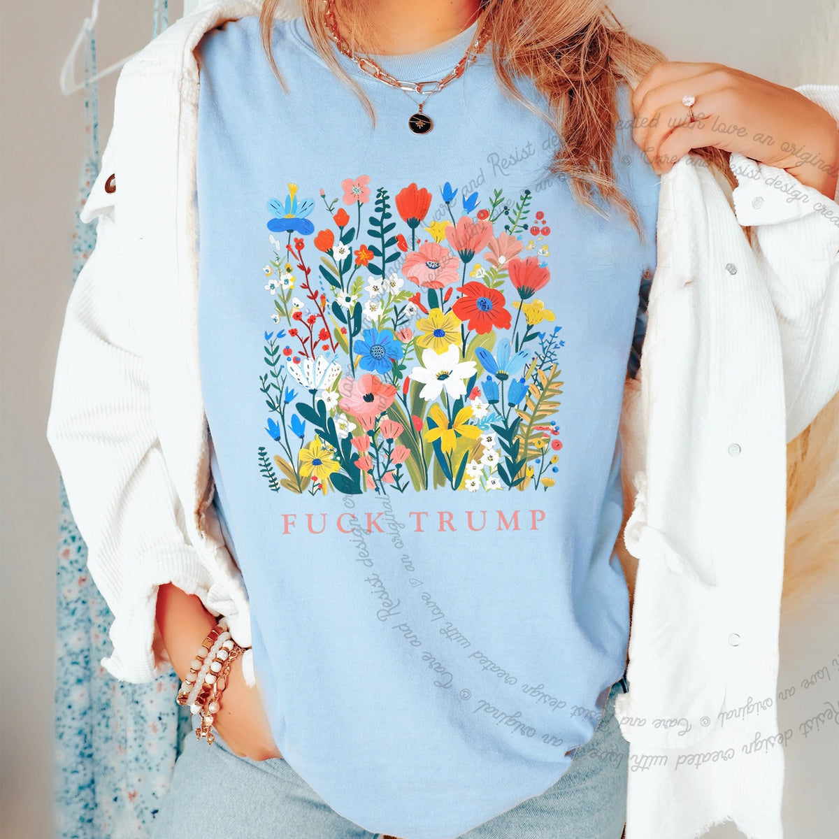 Fuck Trump Floral Care & Resist progressive t-shirt in Chambray
