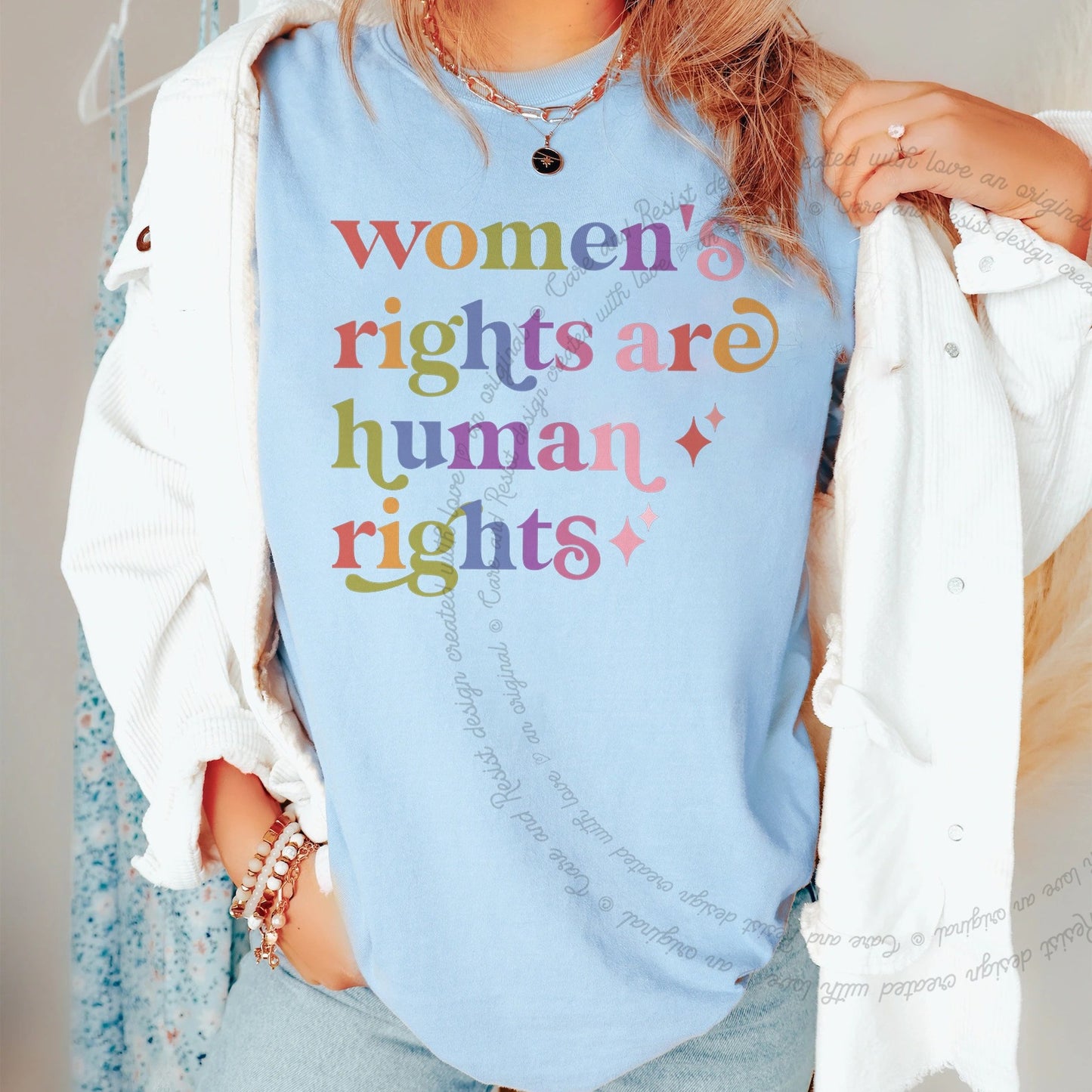 Women's Rights are Human Rights Care & Resist rainbow Comfort Colors tee, Chambray