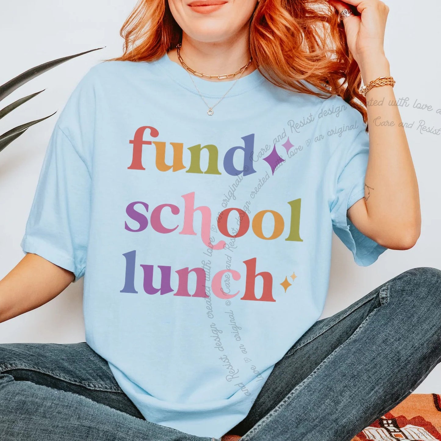 Fund School Lunch Care & Resist rainbow Comfort Colors tee, Chambray
