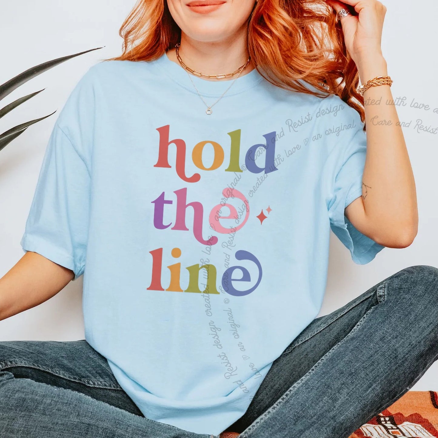 Hold the Line Care & Resist rainbow Comfort Colors tee, Chambray