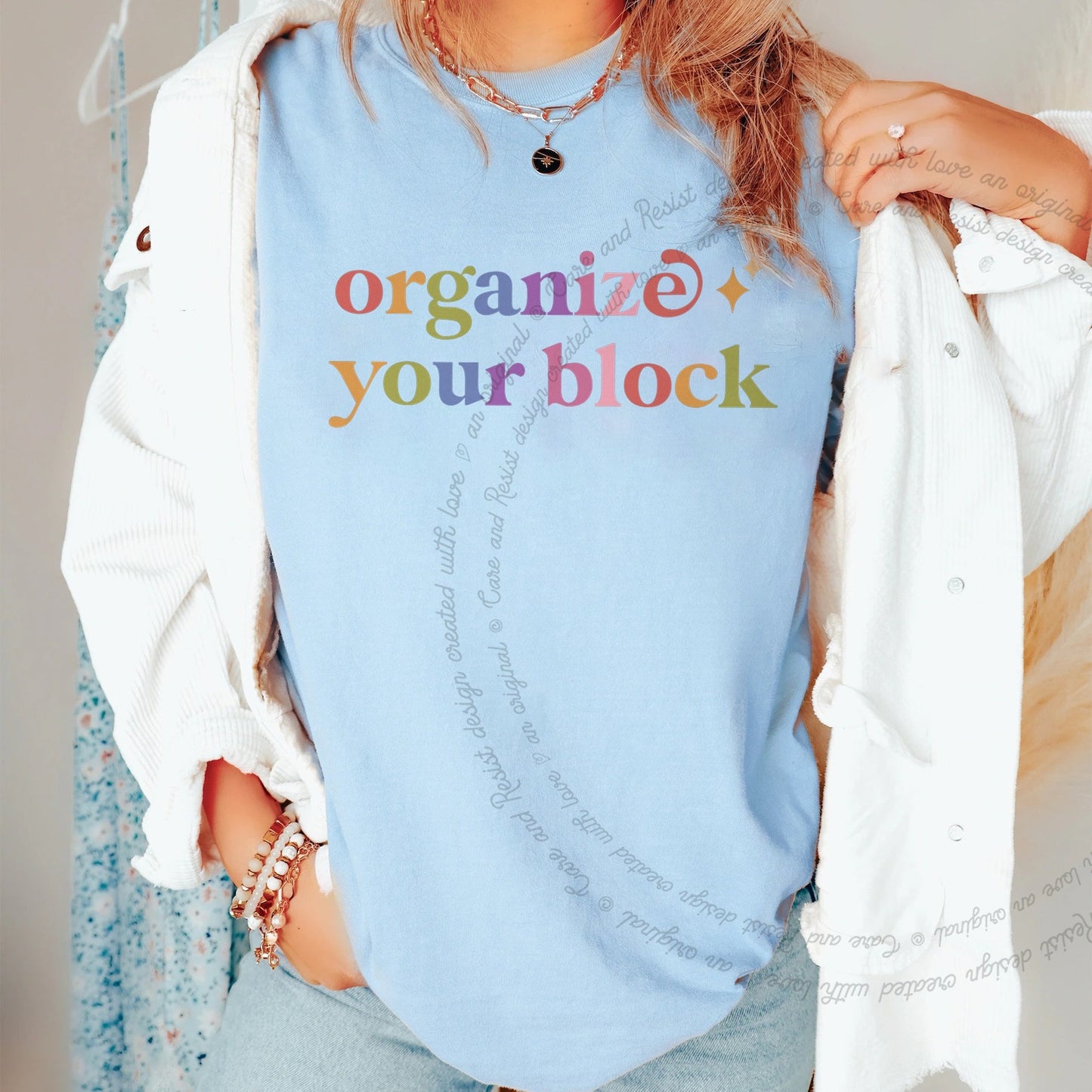 Organize Your Block Care & Resist rainbow Comfort Colors tee, Chambray