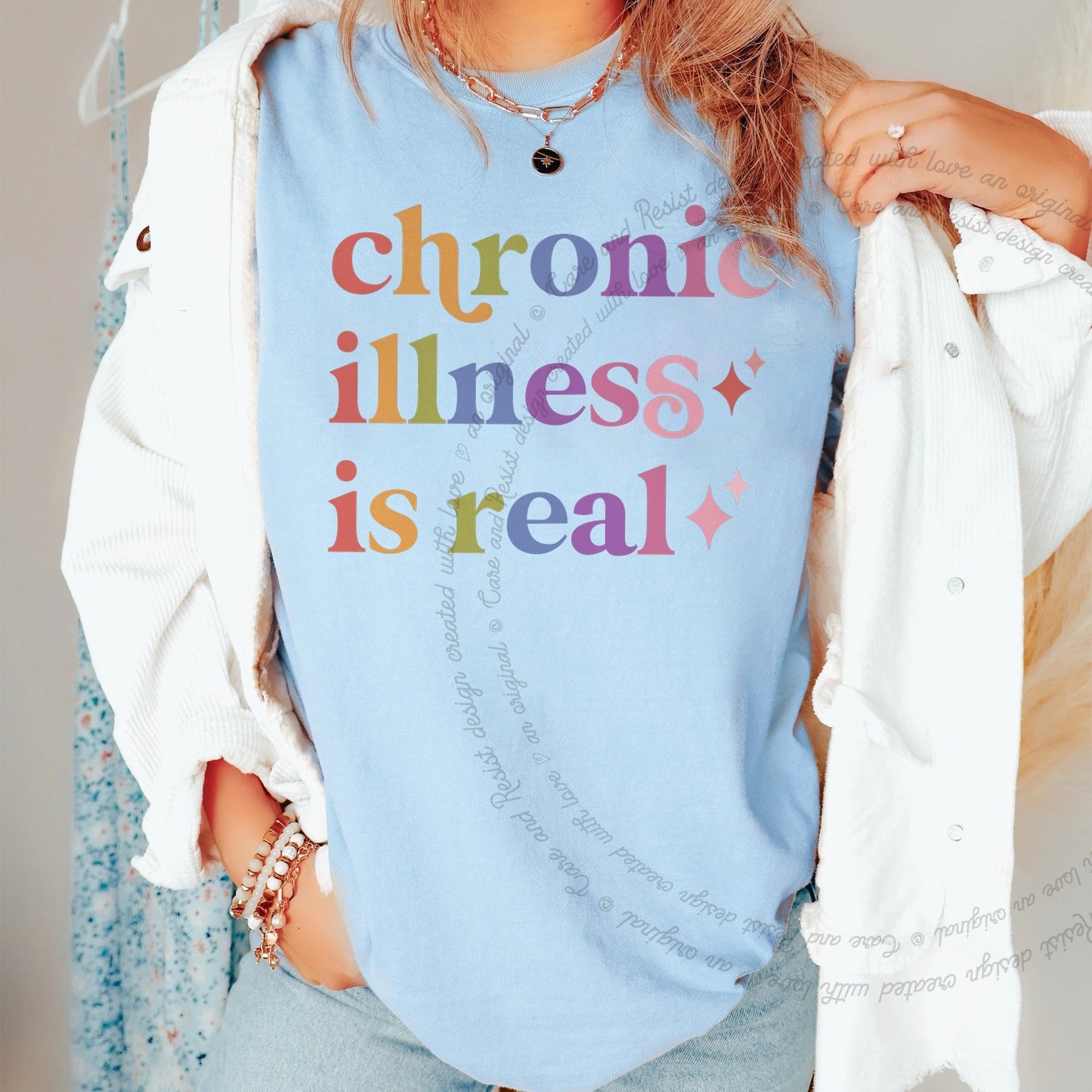 Chronic Illness is Real Care & Resist rainbow Comfort Colors tee, Chambray