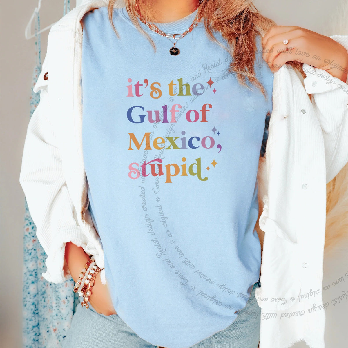 It's the Gulf of Mexico, Stupid Care & Resist progressive t-shirt in Chambray