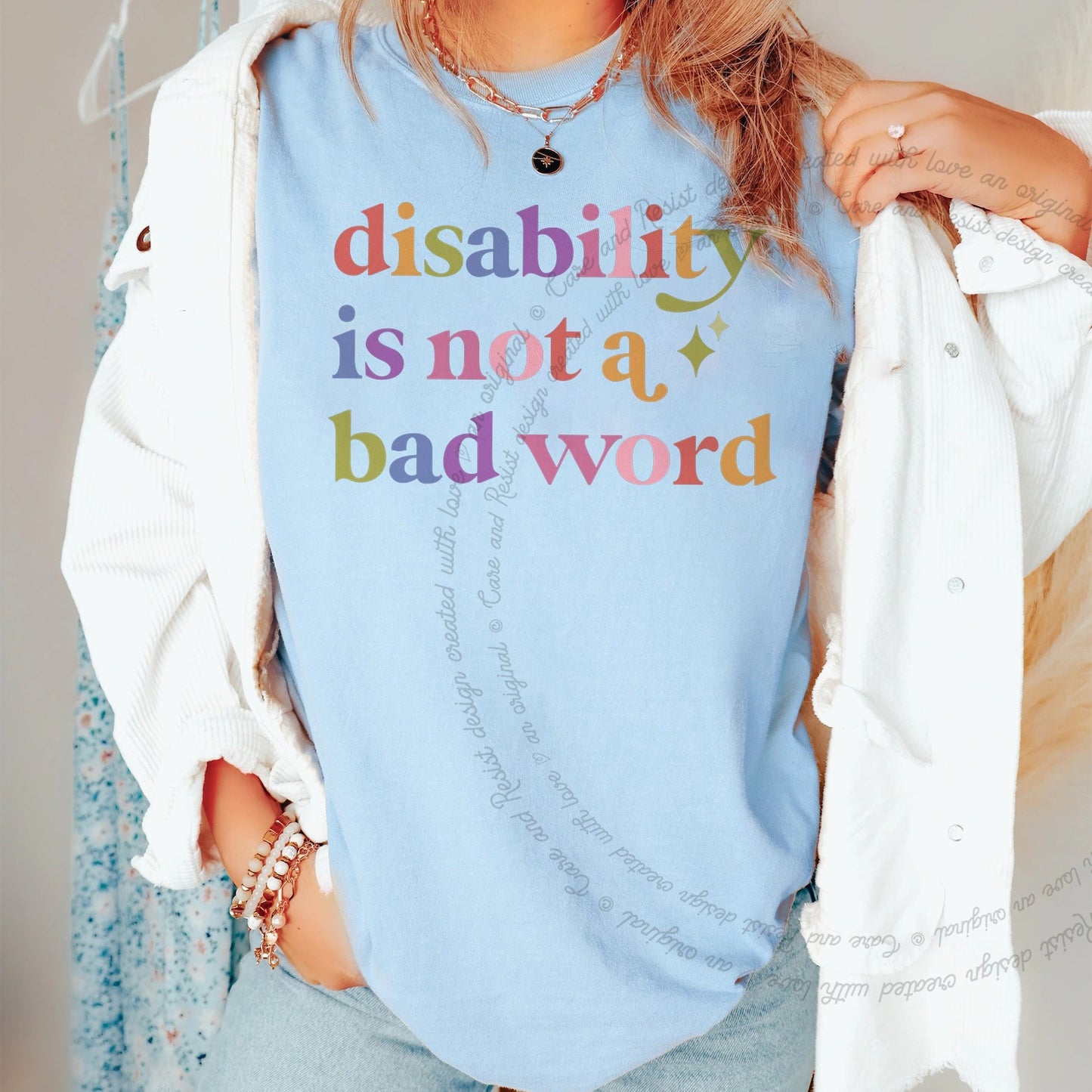 Disability is not a Bad Word Care & Resist rainbow Comfort Colors tee, Chambray