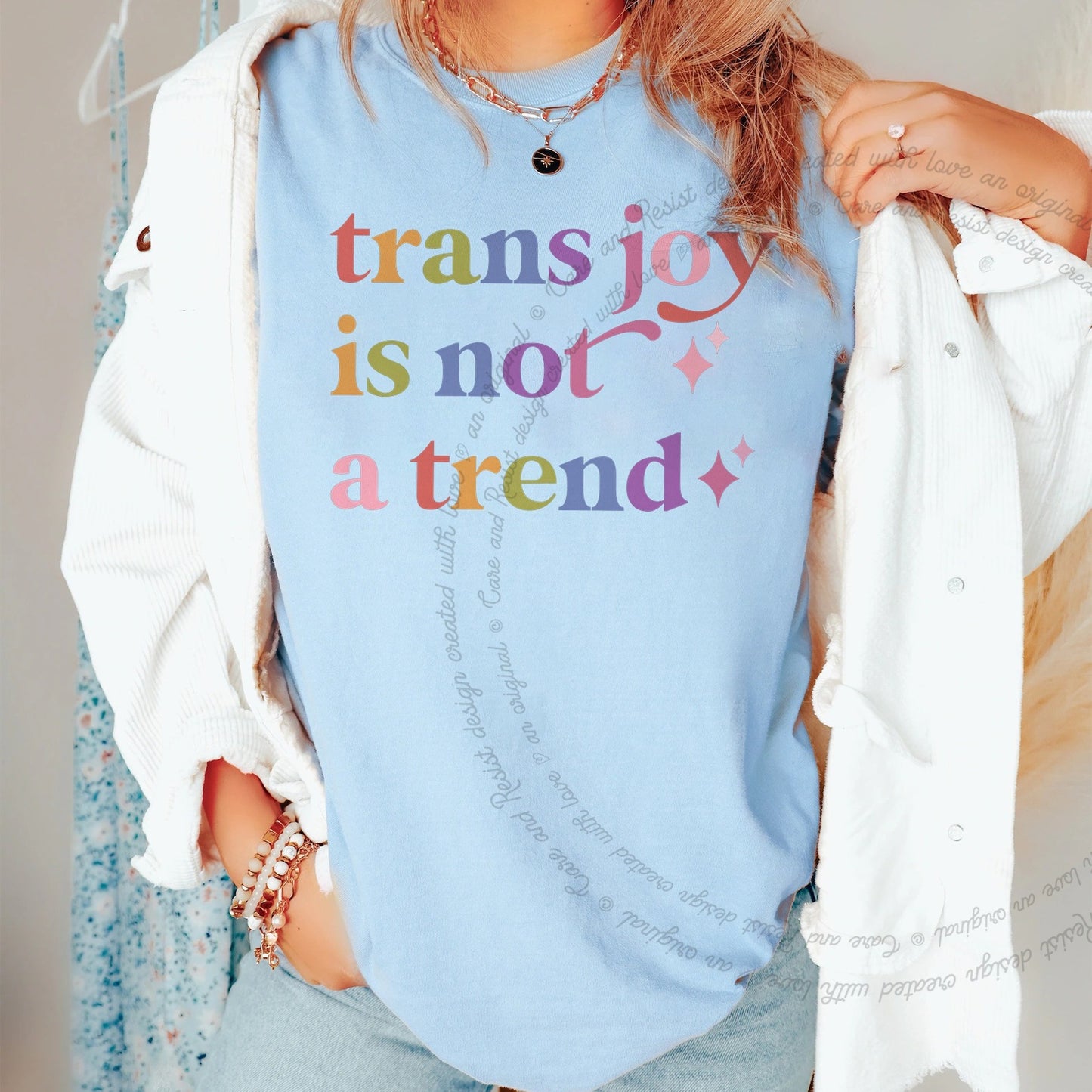 Trans Joy is not a Trend Care & Resist rainbow Comfort Colors tee, Chambray