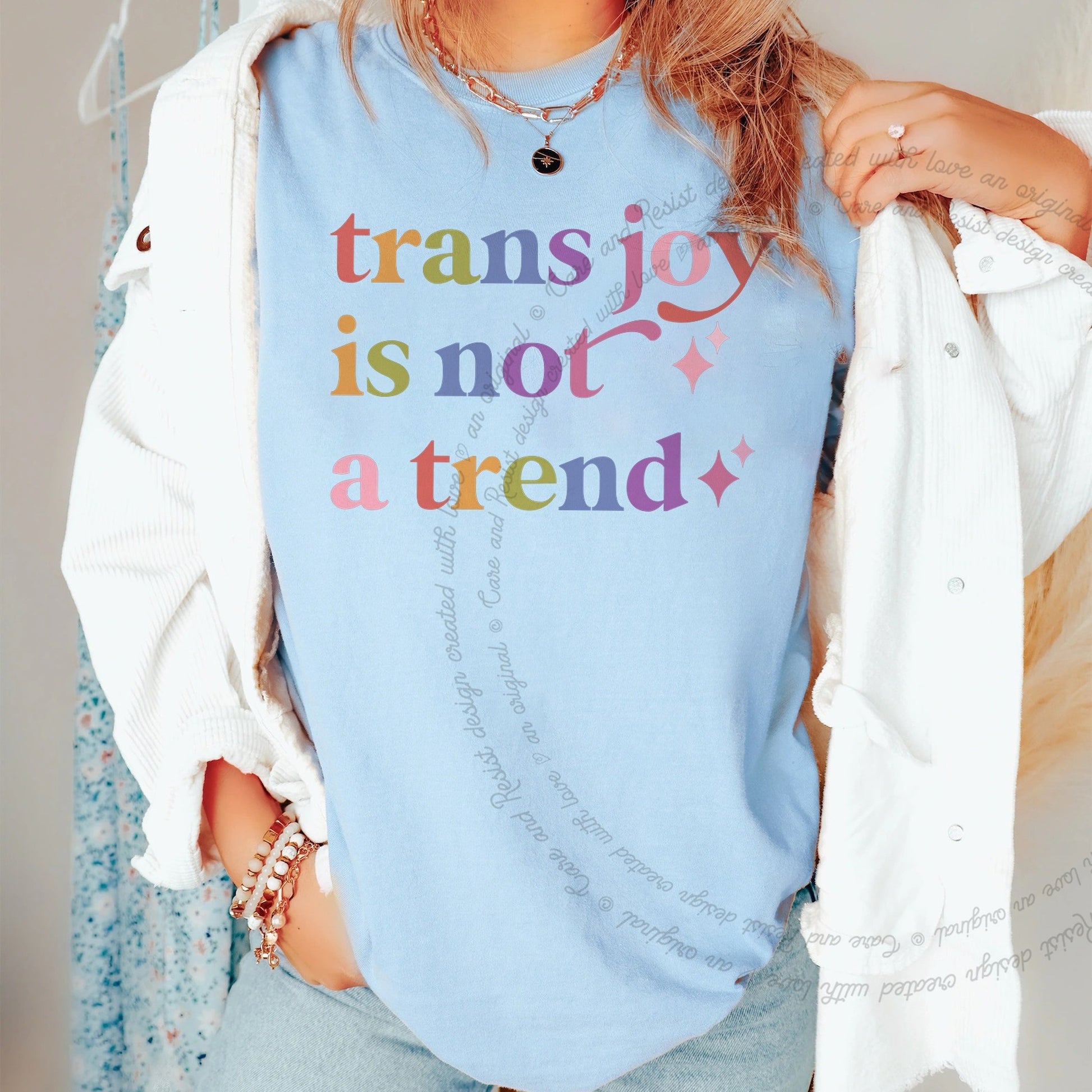Trans Joy is not a Trend Care & Resist rainbow Comfort Colors tee, Chambray