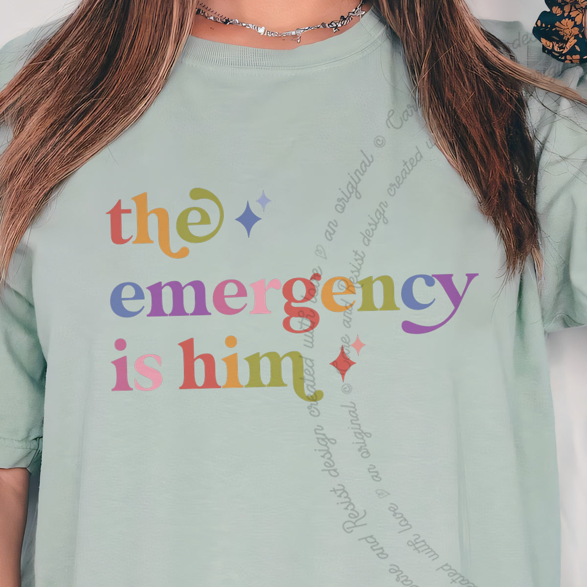 The Emergency is Him Care & Resist progressive t-shirt in Bay