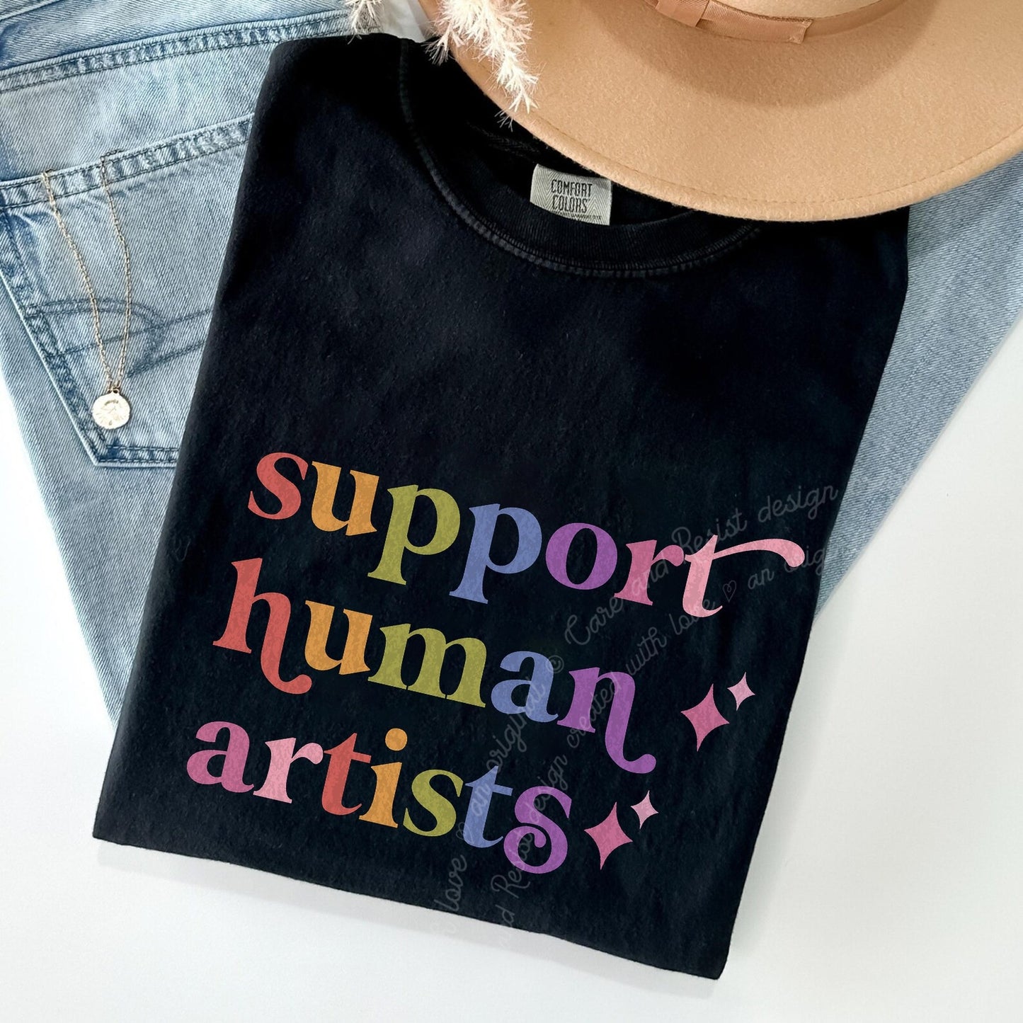 Support Human Artists Care & Resist rainbow Comfort Colors tee, Black