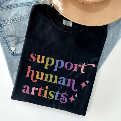 Support Human Artists Care & Resist rainbow Comfort Colors tee, Black