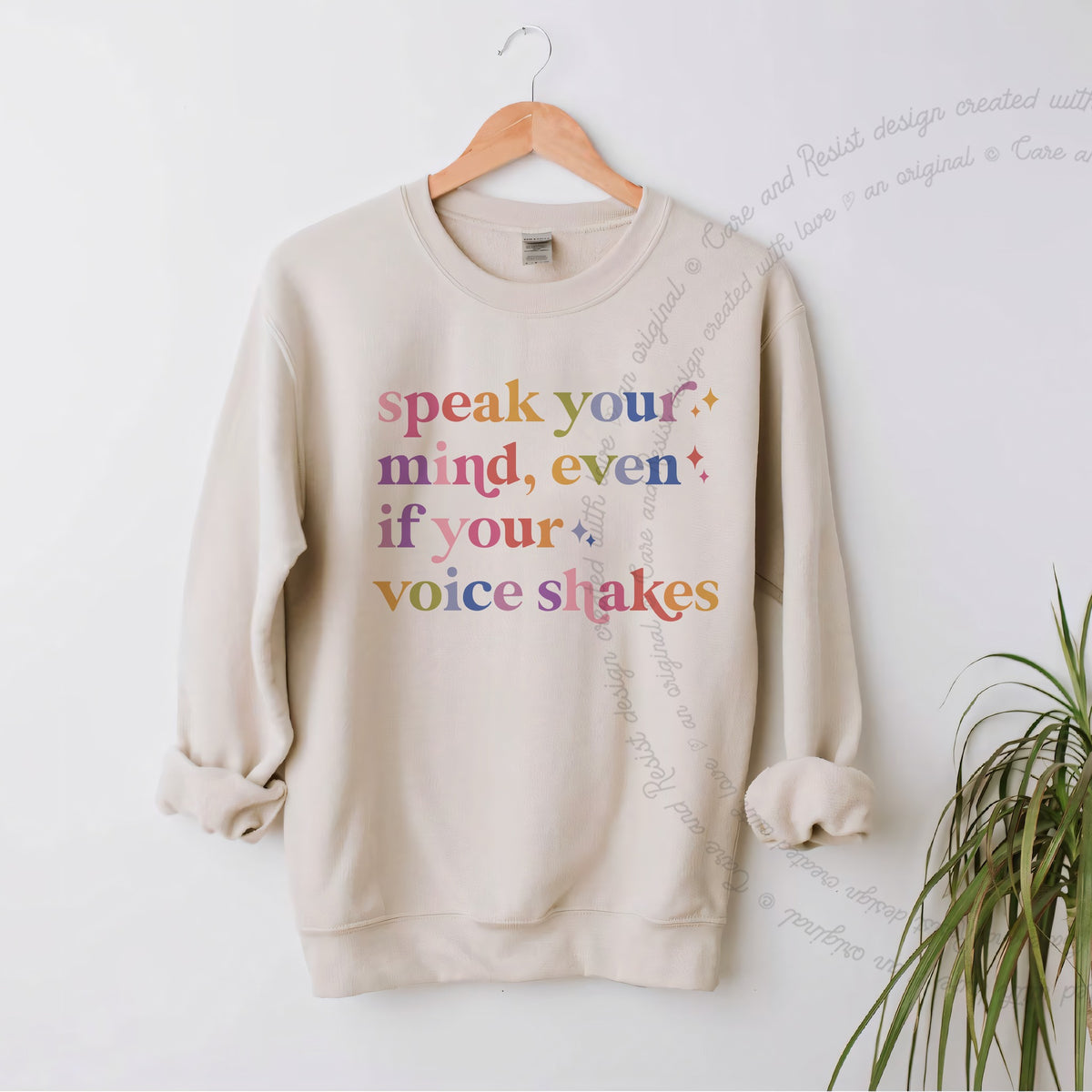 Speak Your Mind Care & Resist Gildan crewneck sweatshirt in Sand