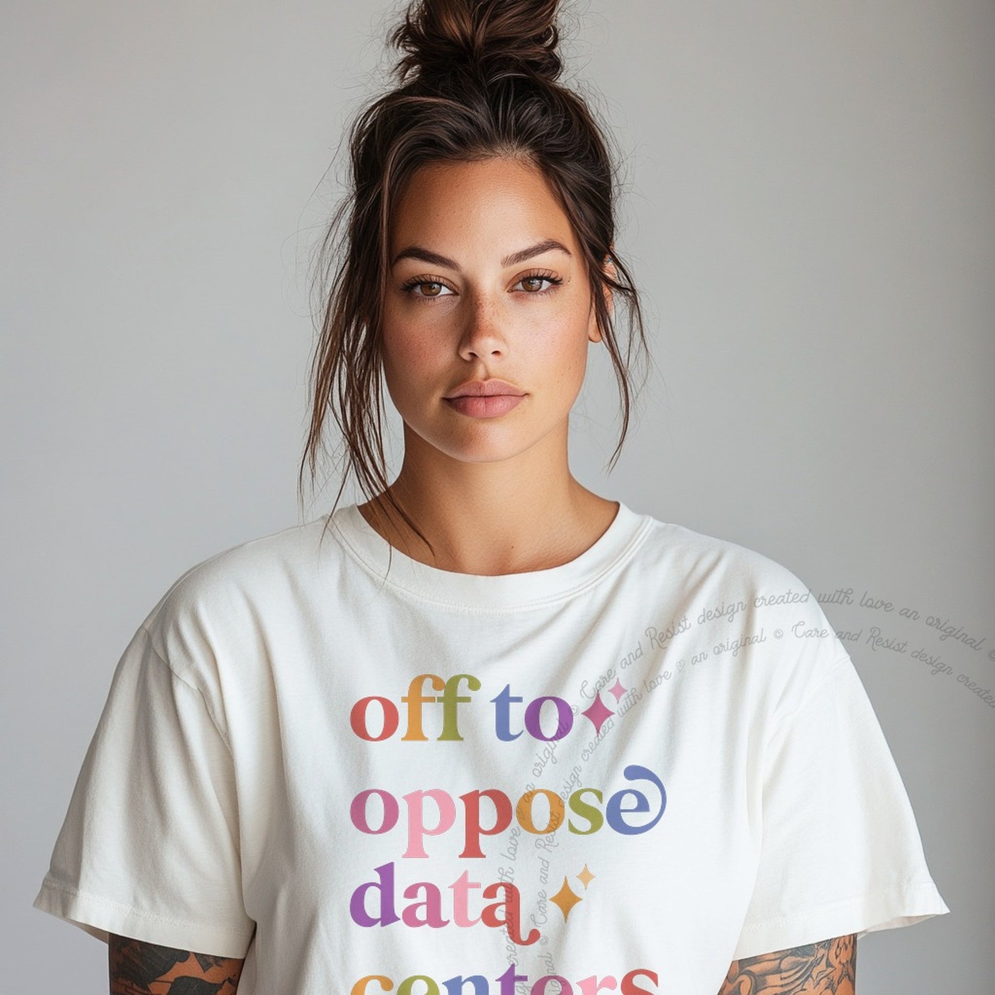Off to Oppose Data Centers Care & Resist rainbow Comfort Colors tee, White