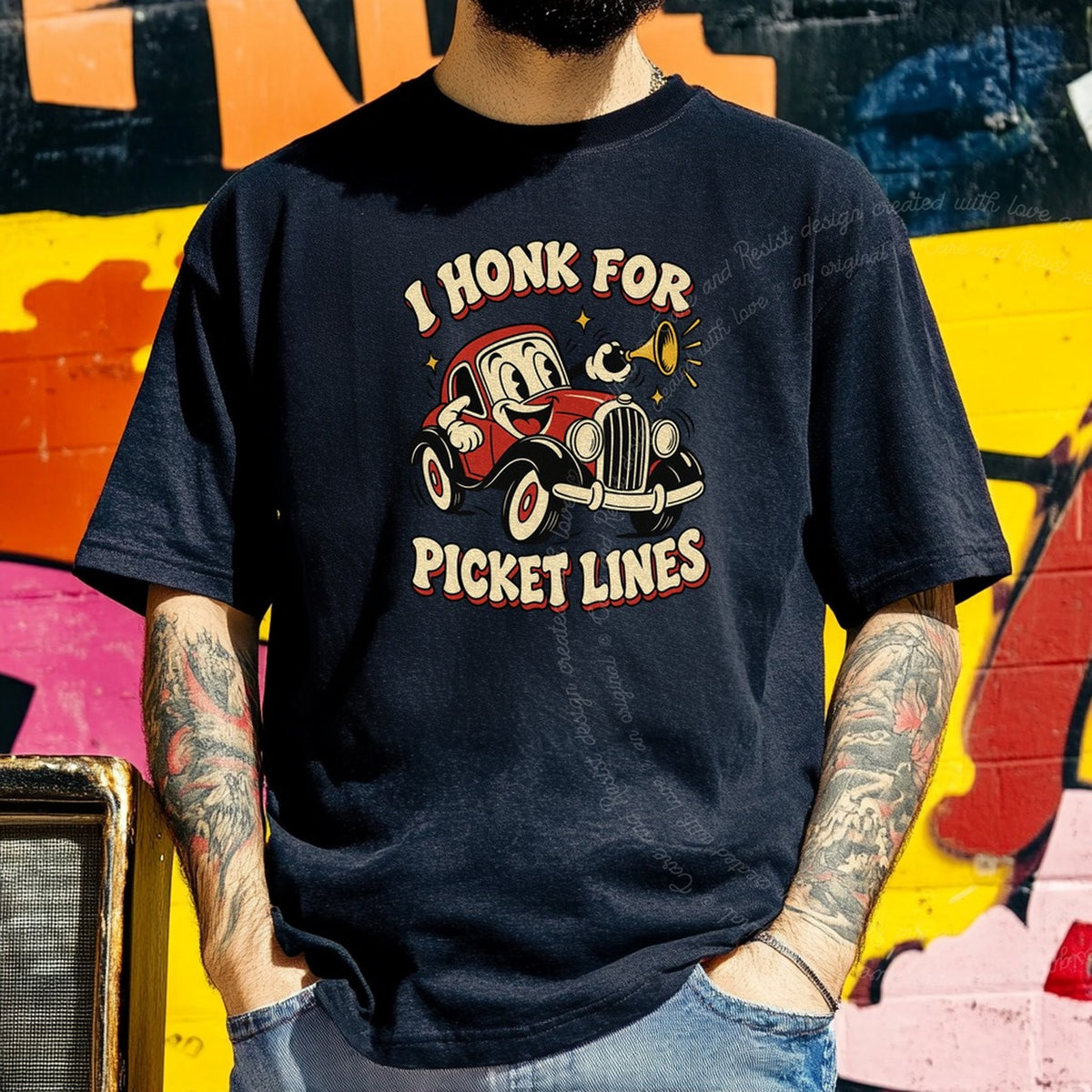I Honk for Picket Lines Cartoon Care & Resist progressive t-shirt in Black