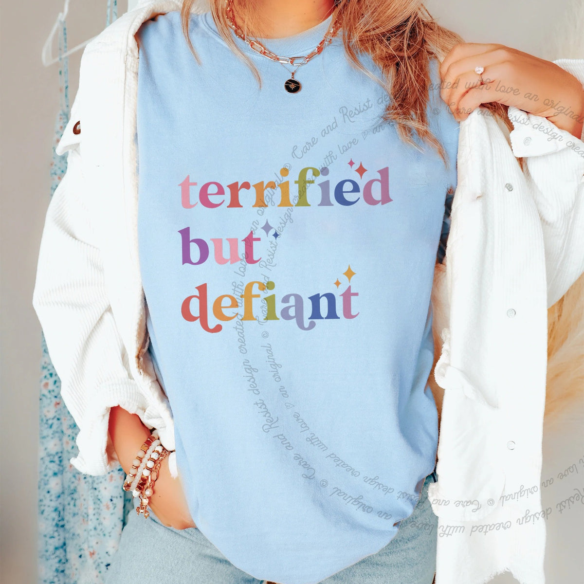 Terrified but Defiant Care & Resist progressive t-shirt in Chambray