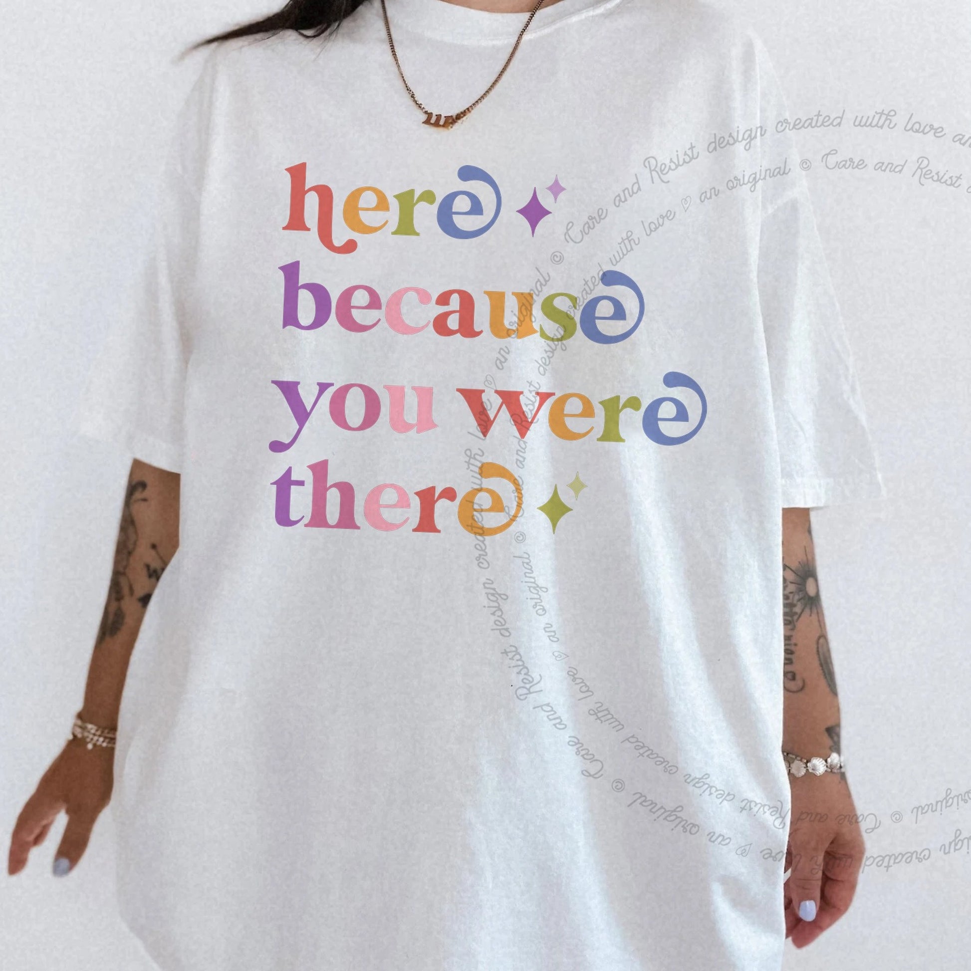 Here Because You Were There Care & Resist rainbow Comfort Colors tee, White