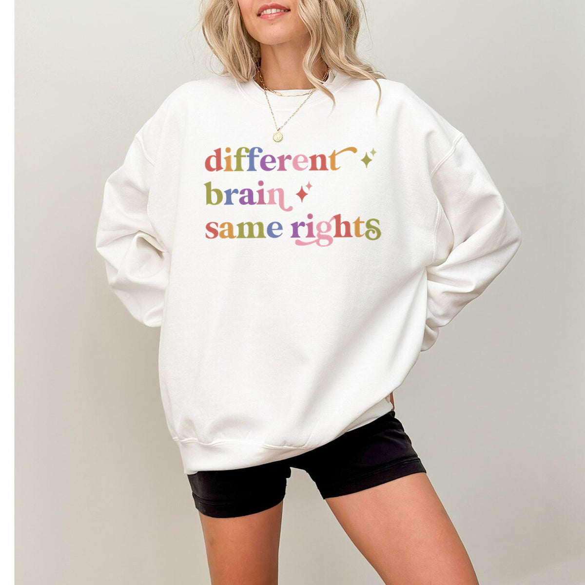 Different Brain Same Rights Care & Resist Gildan crewneck sweatshirt in White