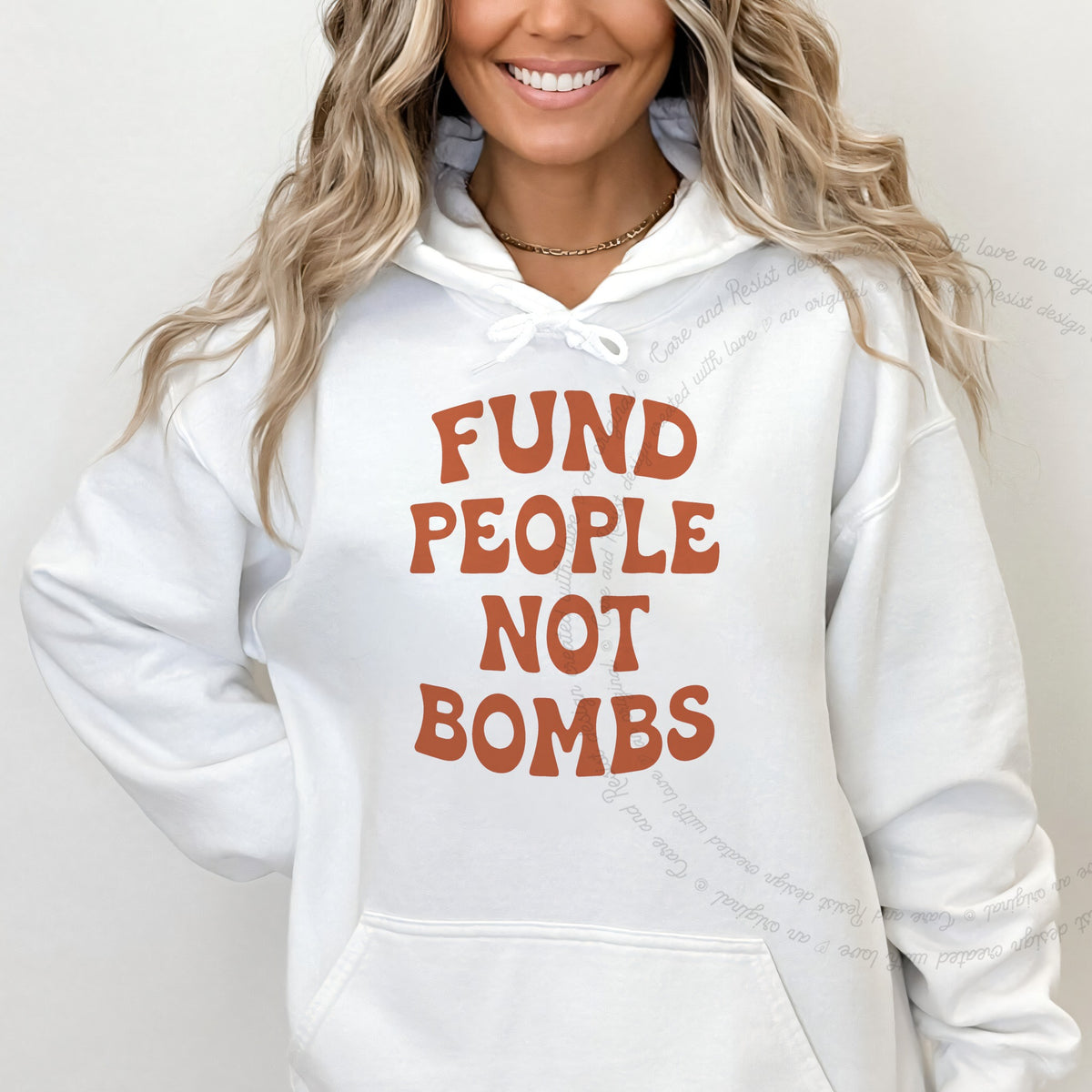 Fund People not Bombs Stacked Care & Resist Gildan hoodie in White