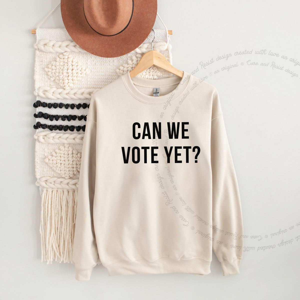 Can We Vote Yet Care & Resist Gildan crewneck sweatshirt in Sand