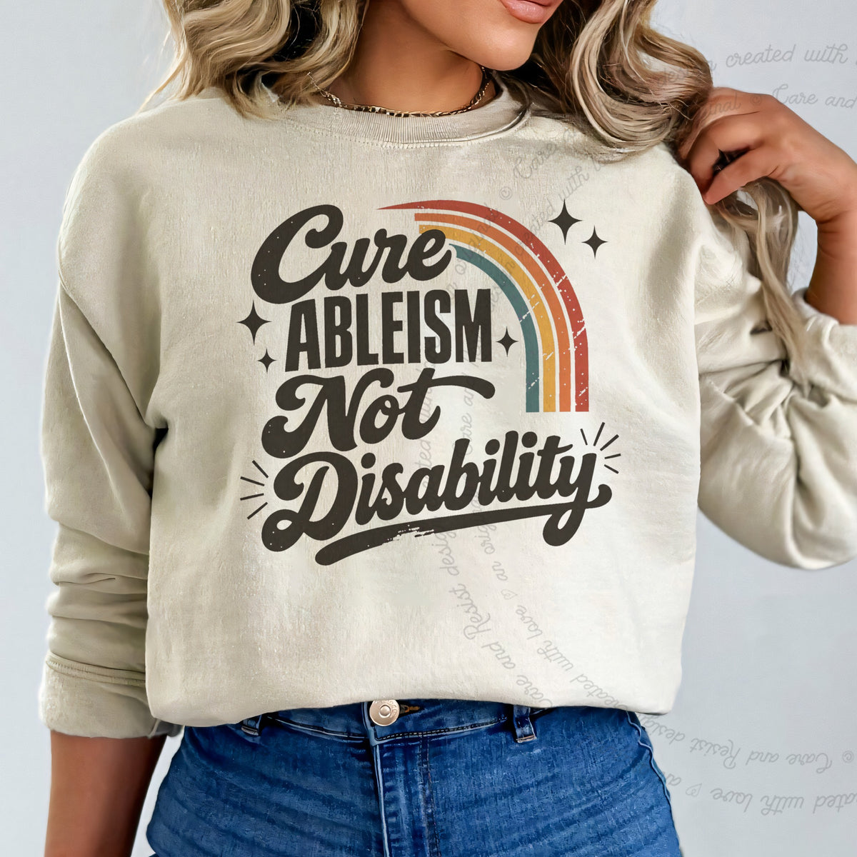 Cure Ableism not Disability Badge Care & Resist Gildan crewneck sweatshirt in Sand