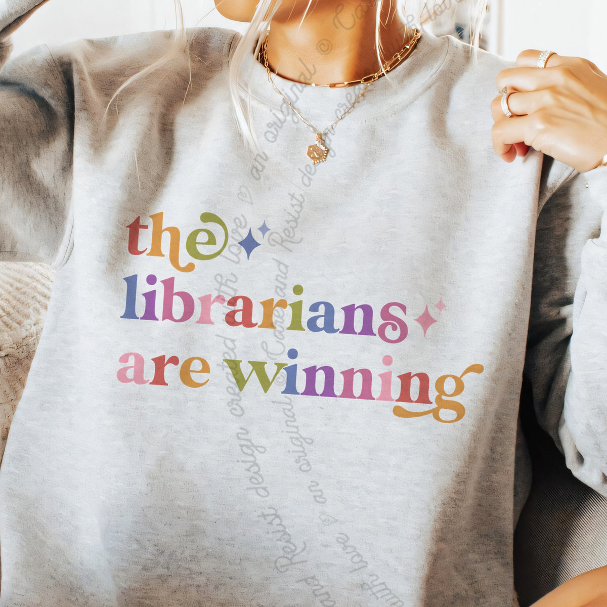 The Librarians are Winning Care & Resist Gildan crewneck sweatshirt in Sport Grey