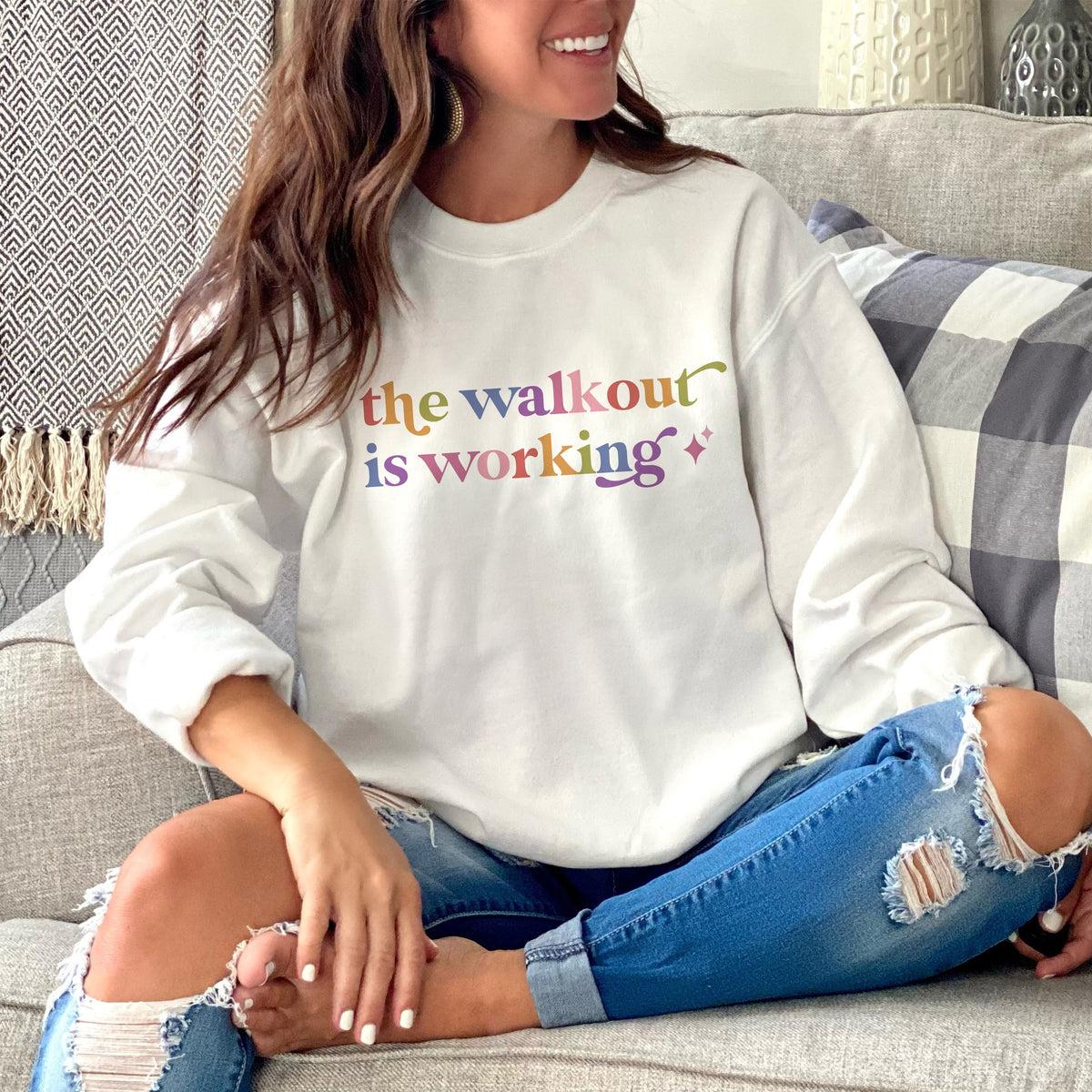 The Walkout is Working Care & Resist Gildan crewneck sweatshirt in White