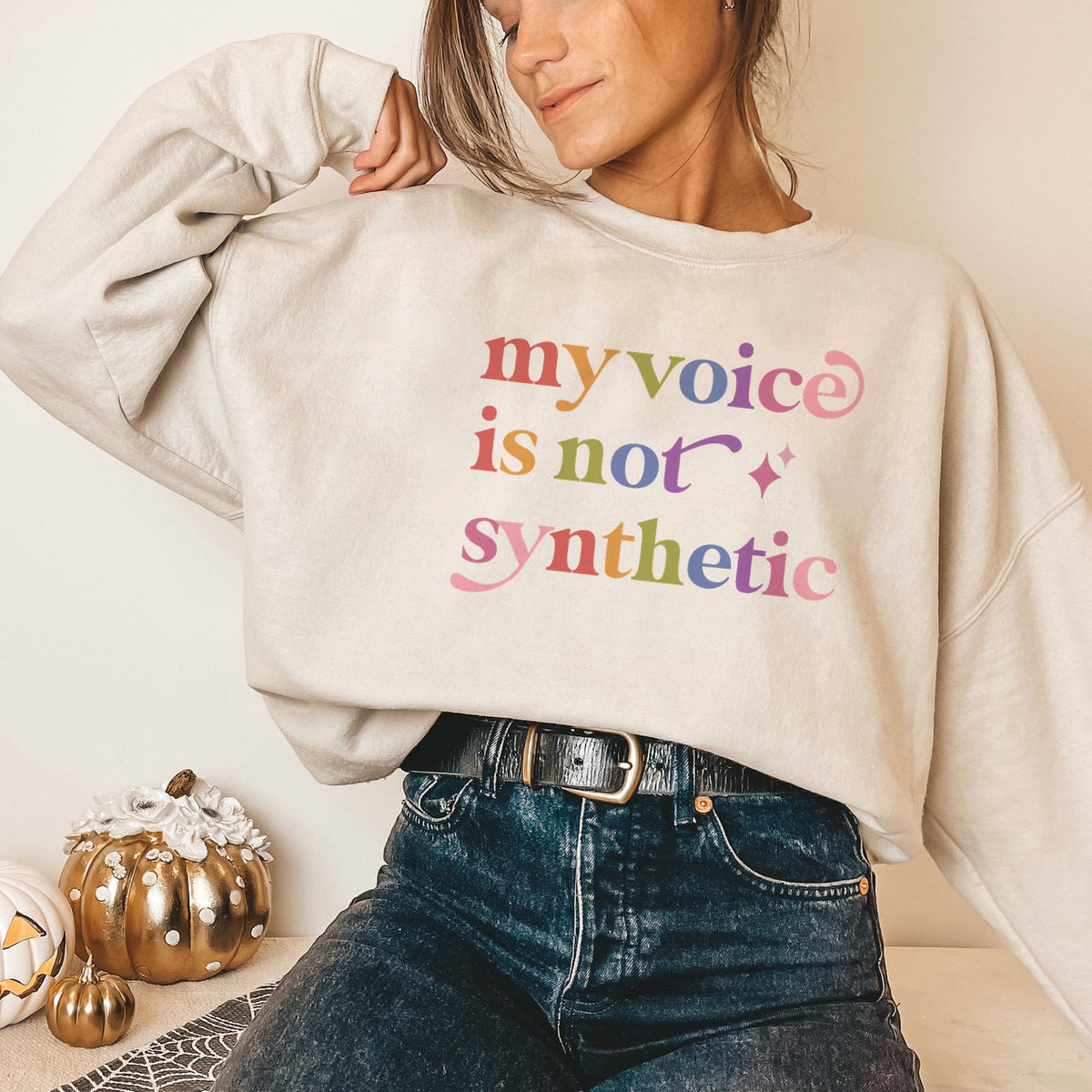 My Voice is not Synthetic Care & Resist Gildan crewneck sweatshirt in Sand