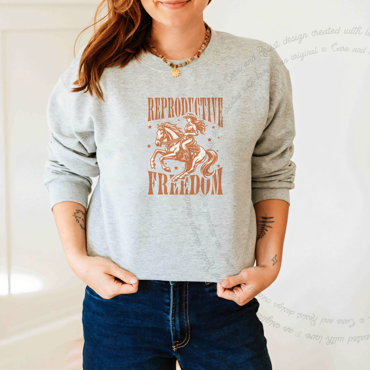 Reproductive Freedom Care & Resist Gildan crewneck sweatshirt in Sport Grey