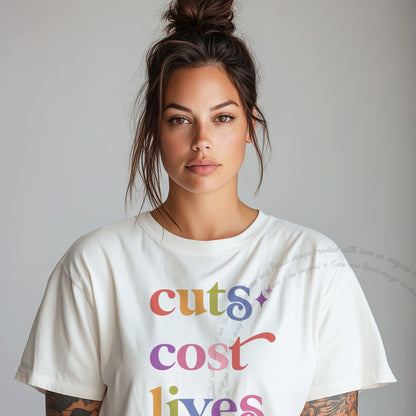 Cuts Cost Lives Care & Resist rainbow Comfort Colors tee, White